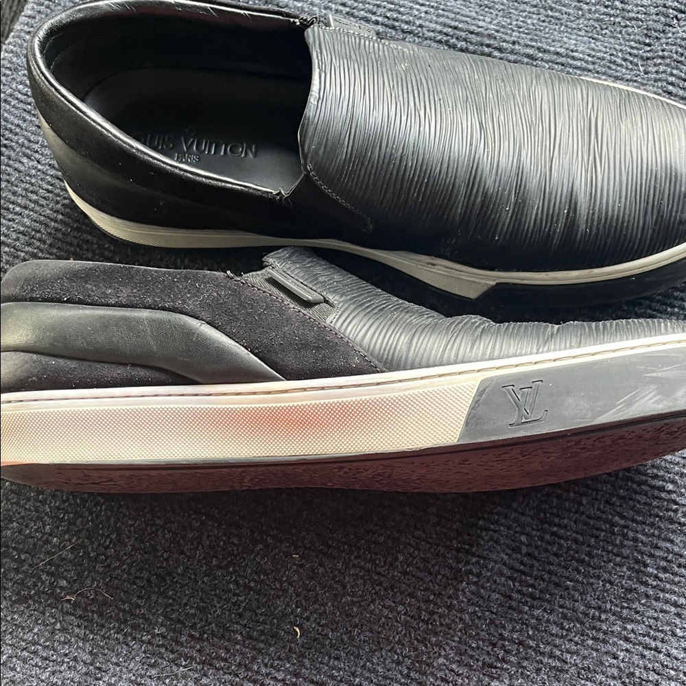 Louis Vuitton Black Textured Leather Slip-On Loafers - Picture 3 of 11